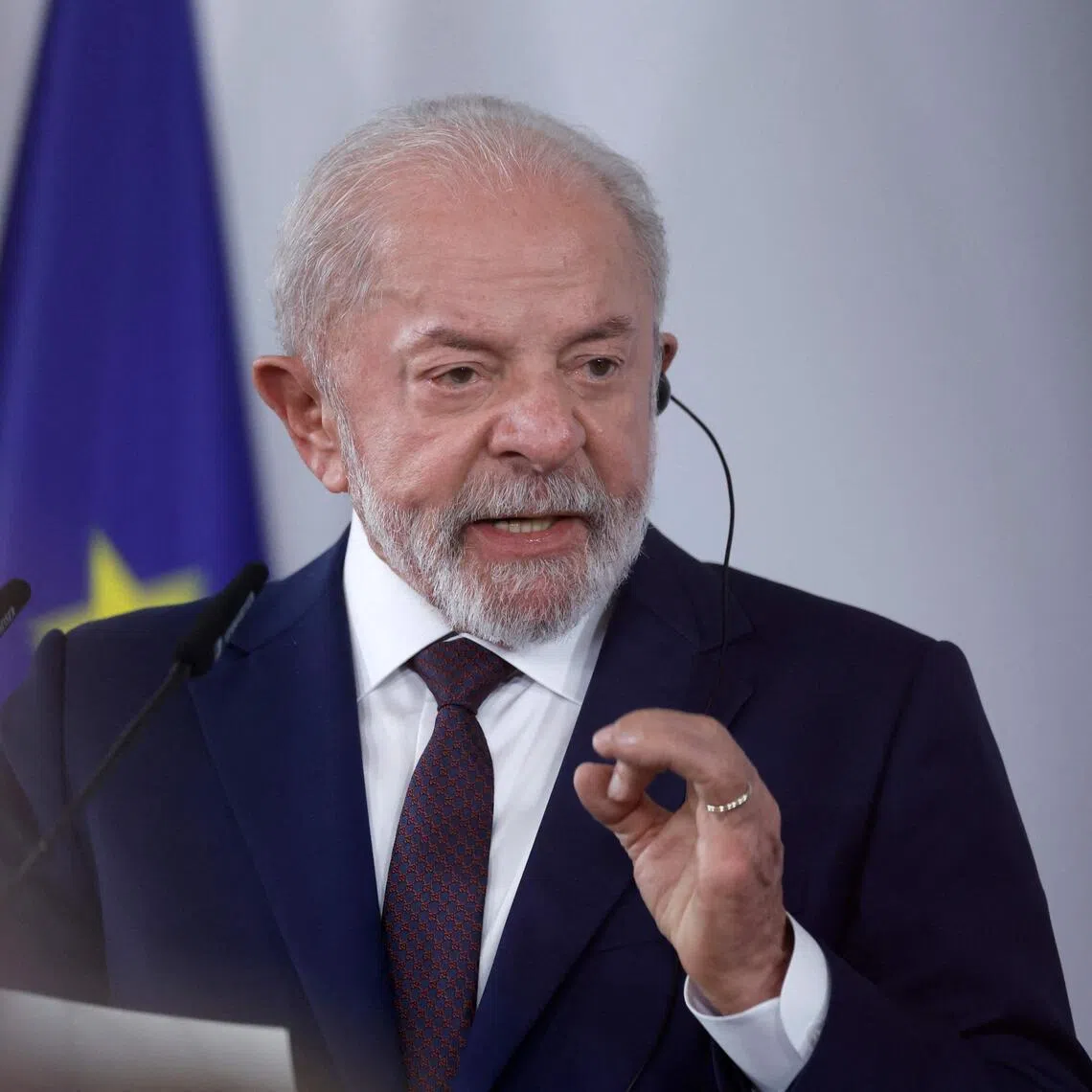 Brazilian President Luiz Inacio Lula da Silva talks during a joint press conference with Spain's Prime Minister at the Palacio de Pedralbes in Barcelona on April 17, 2026. 