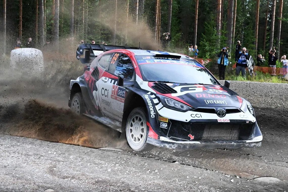 Kalle Rovanpera of Finland and his co-driver Jonne Halttunen of Finland steer their Toyota GR Yaris Rally1 Hybrid during the second day of the WRC Rally Finland in Jyvaskyla, central Finland, on Aug 2, 2024.