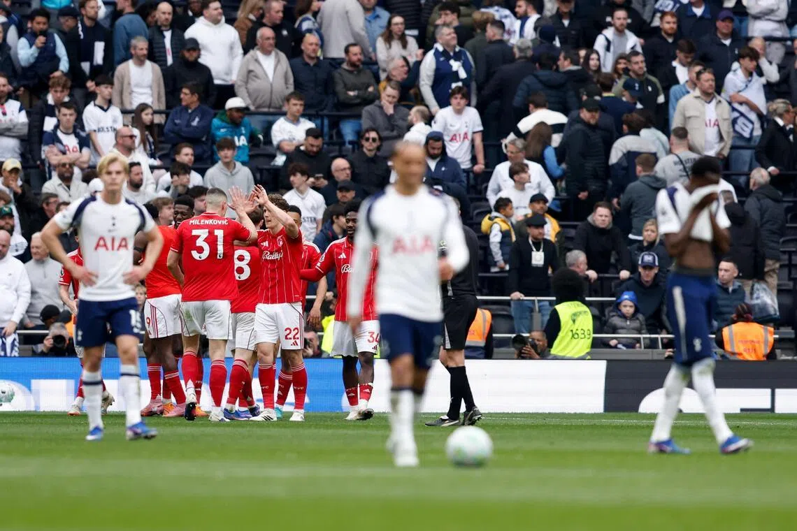 Nottingham Forest players celebrating Taiwo Awoniyi's goal during the 3-0 English Premier League win over Tottenham Hotspur at the Tottenham Hotspur Stadium on March 22, 2026.
