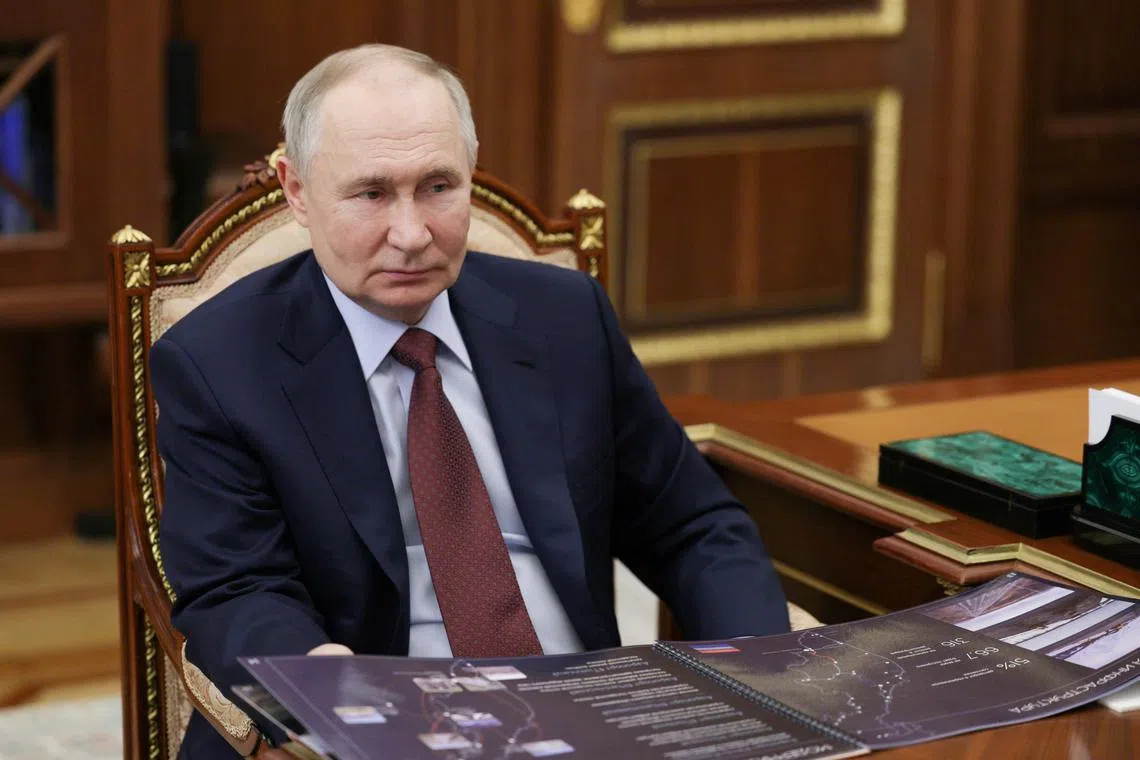 FILE PHOTO: Russian President Vladimir Putin attends a meeting with Governor of Kamchatka Territory Vladimir Solodov in Moscow, Russia, February 17, 2025. Sputnik/Mikhail Metzel/Pool via REUTERS/File Photo