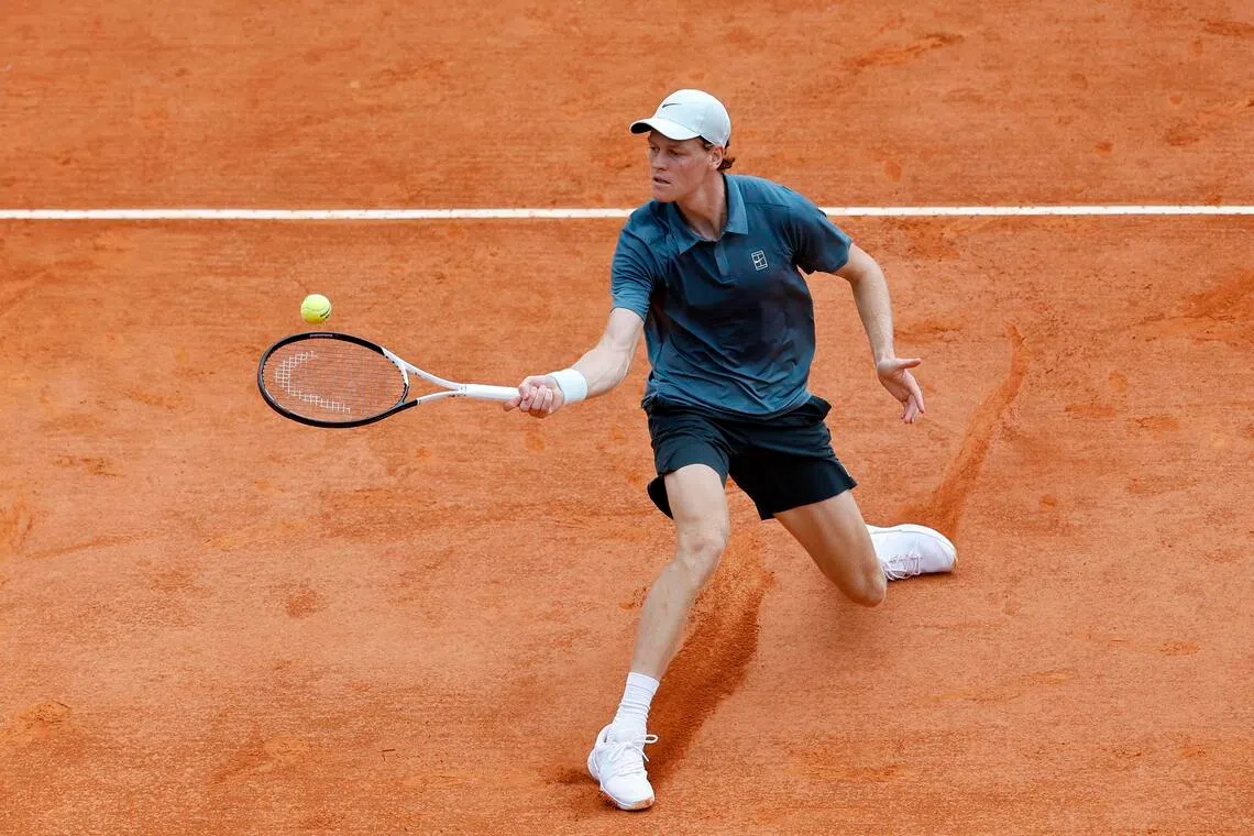 Jannik Sinner of Italy in action during his 6-3, 6-0 win over Ugo Humbert of France at the ATP Monte-Carlo Masters tennis tournament in Roquebrune Cap Martin, France, on April 7, 2026.