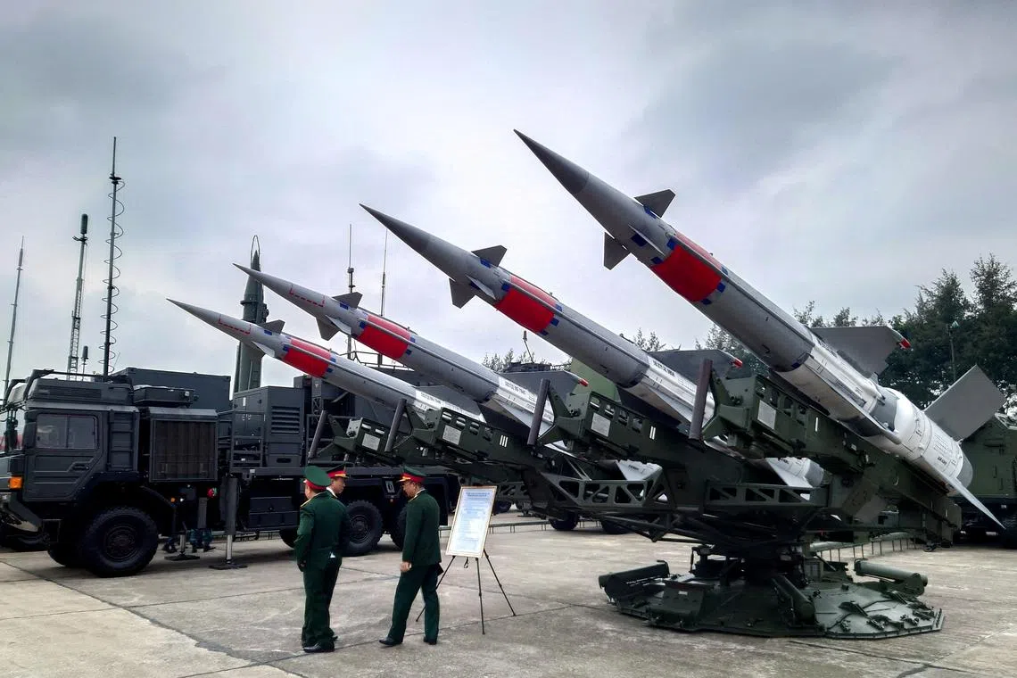 FILE PHOTO: Russian-made S125-2TM anti-aircraft missiles are displayed at the Vietnam International Defence Expo 2022, in Hanoi, Vietnam, December 8, 2022. REUTERS/Khanh Vu/File Photo