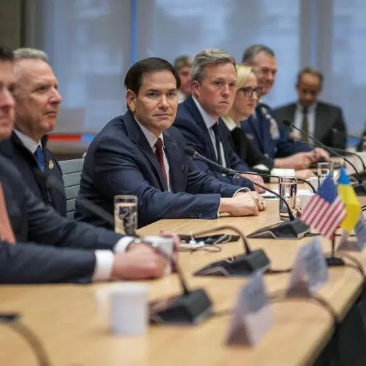 US Secretary of State Marco Rubio (centre), next to US special envoy Steve Witkoff (second from left), faces the Ukrainian delegation during the talks at the US Mission in Geneva, on Nov 23.