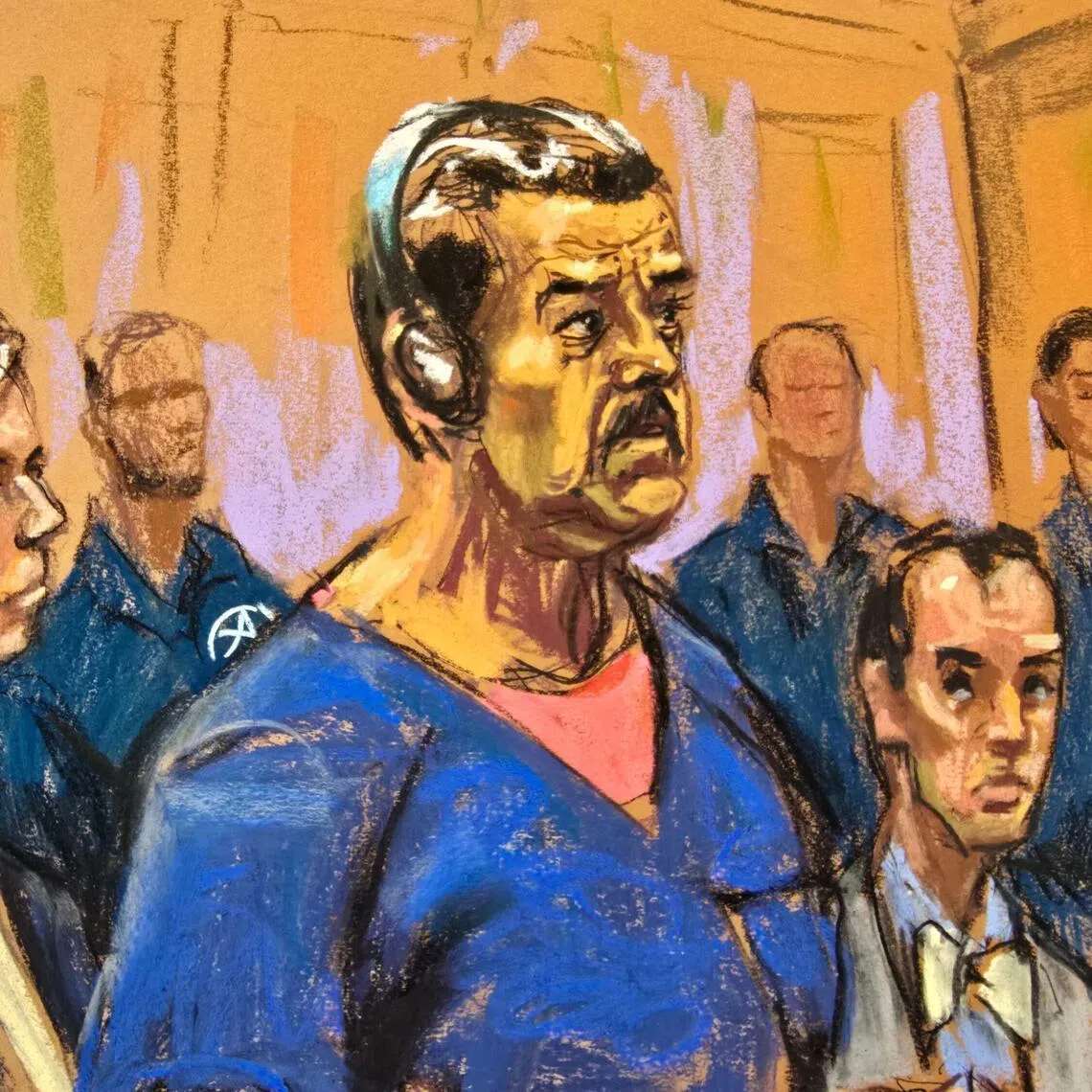 This courtroom sketch shows deposed president of Venezuela Nicolas Maduro (C), attending his arraignment at Daniel Patrick Moynihan United States Courthouse on January 5, 2026 in New York,
