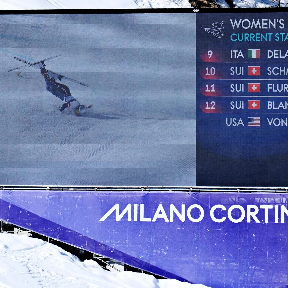 Milano Cortina 2026 Olympics - Alpine Skiing - Women's Downhill - Tofane Alpine Skiing Centre, Belluno, Italy - February 08, 2026. An image of Lindsey Vonn of United States crashing on the big screen during the women's downhill REUTERS/Annegret Hilse