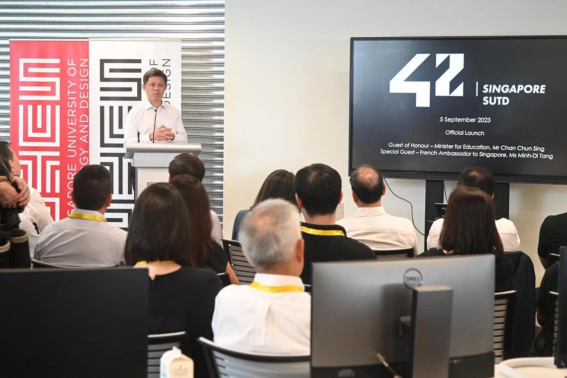 Education Minister Chan Chun Sing speaking at the launch of 42 Singapore. He said that the programme illustrates the concept of continuous meritocracy.