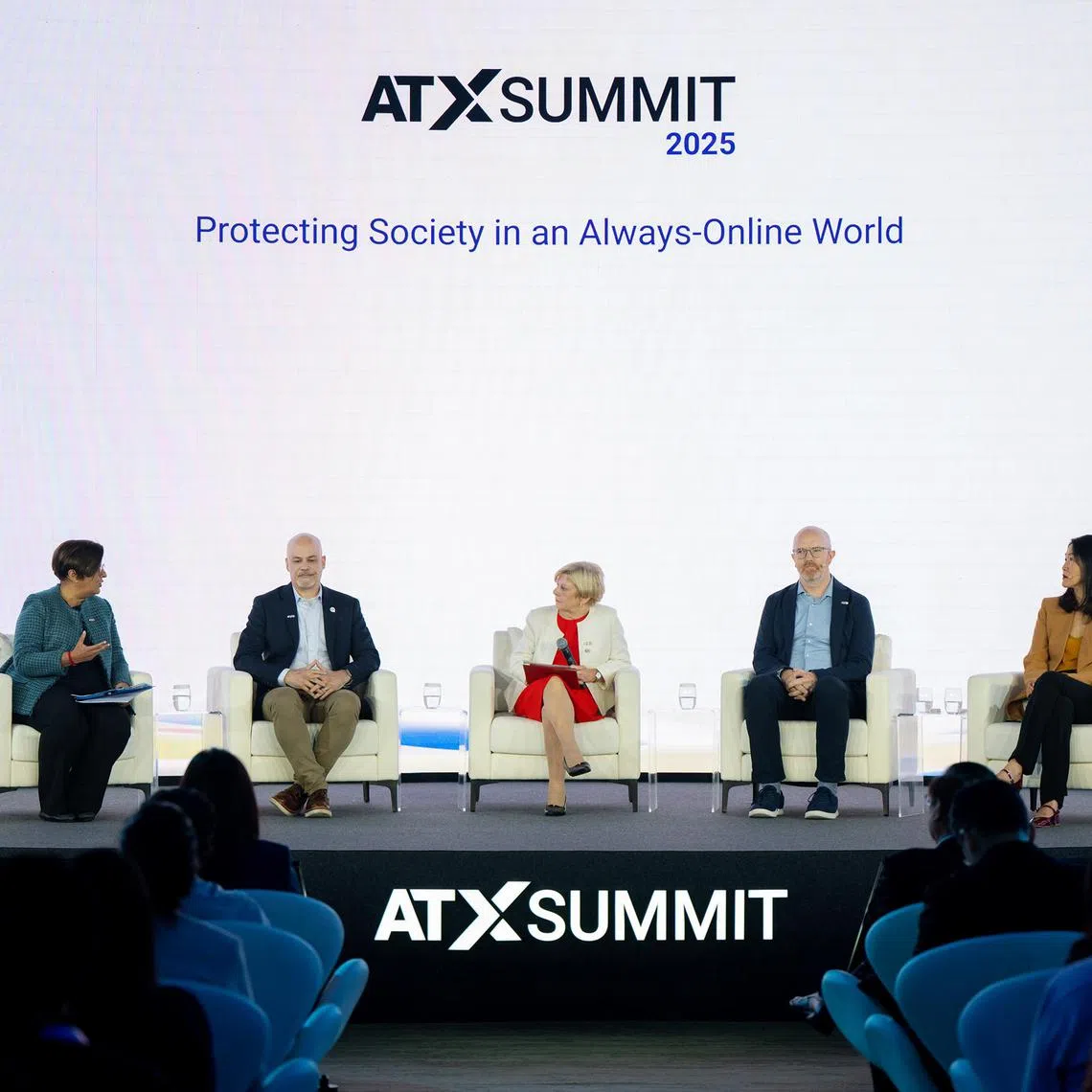 htfake29 - Panel discussion Protecting society in an always-online world. (From left to right) Alamelu Subramaniam, Assistant Chief Executive (Media Policy and Content), IMDA; Andy Parsons, Senior Director, Content Authenticity, Adobe; Baroness Jones of Whitchurch, Parliamentary Under-Secretary of State for the Future Digital Economy and Online Safety, United Kingdom; Simon Milner
Vice President, Public Policy for Asia Pacific, Meta; Professor Sun Sun Lim
Vice President, Partnerships and Engagement and Professor of Communication and Technology, Singapore Management University

Credit: Infocomm Media Development Authority