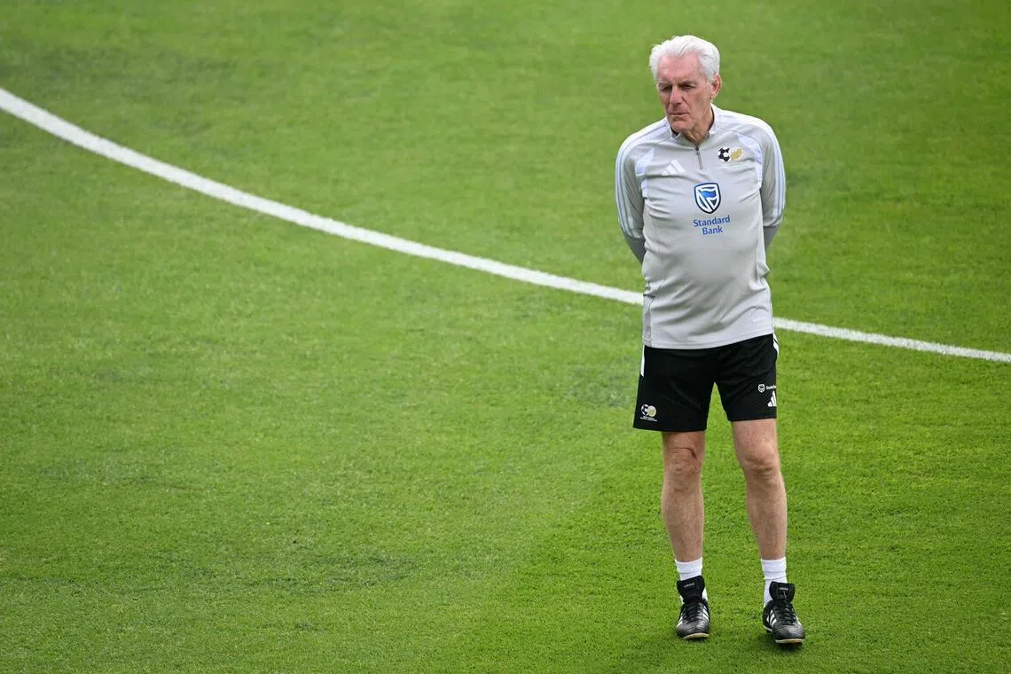 South Africa's Belgian head coach Hugo Broos walks during a training session at Hidalgo Stadium in Pachuca, Mexico.