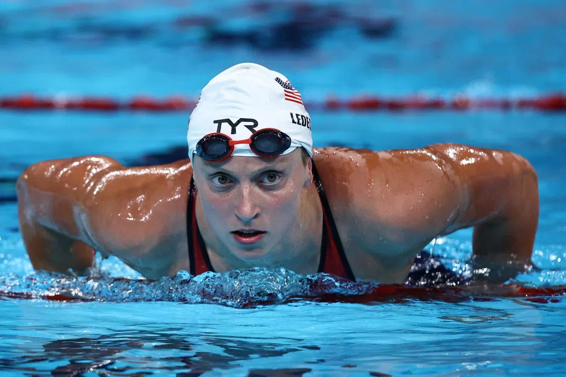 Paris 2024 Olympics - Swimming - Women's 800m Freestyle - Heats - Paris La Defense Arena, Nanterre, France - August 02, 2024.  Katie Ledecky of United States reacts after the race.