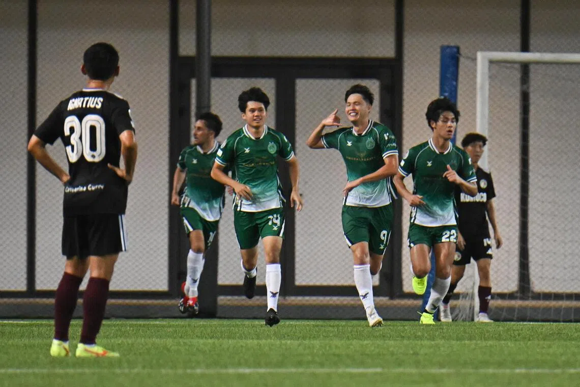Geylang International?s Ryoya Taniguchi scoring the equaliser against Balestier Khalsa at Our Tampines Hub on Nov 30, 2025.