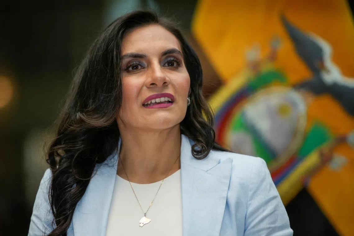 FILE PHOTO: Ecuador's Vice President Veronica Abad looks on during a press conference, after publicly disagreeing with President Daniel Noboa, about her being assigned to support peace efforts in Israel, in Quito, Ecuador November 28, 2023. REUTERS/Cristina Vega/File Photo