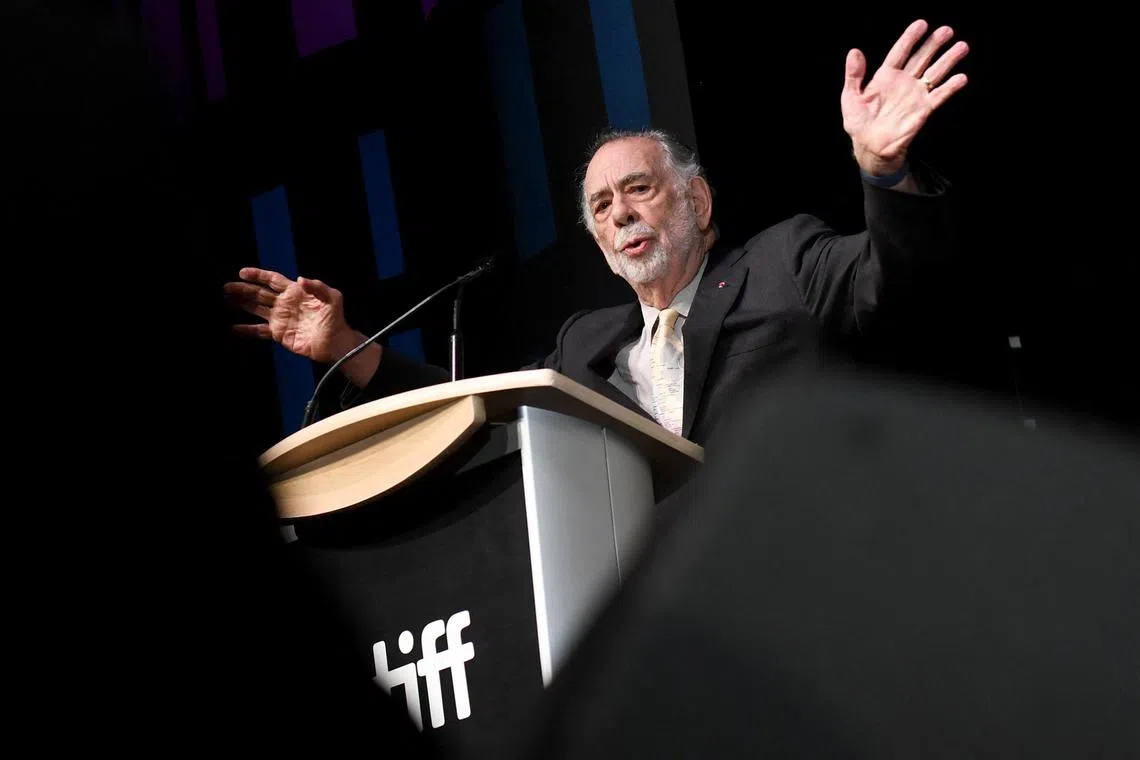 TORONTO, ONTARIO - SEPTEMBER 09: Francis Ford Coppola speaks onstage at the premiere of "Megalopolis" during the 2024 Toronto International Film Festival at Roy Thomson Hall on September 09, 2024 in Toronto, Ontario.   Sonia Recchia/Getty Images/AFP (Photo by Sonia Recchia / GETTY IMAGES NORTH AMERICA / Getty Images via AFP)