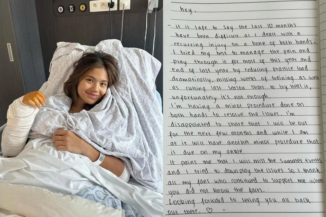 Raducanu posted a photo of herself in a hospital bed with her right hand bandaged on her social media accounts.