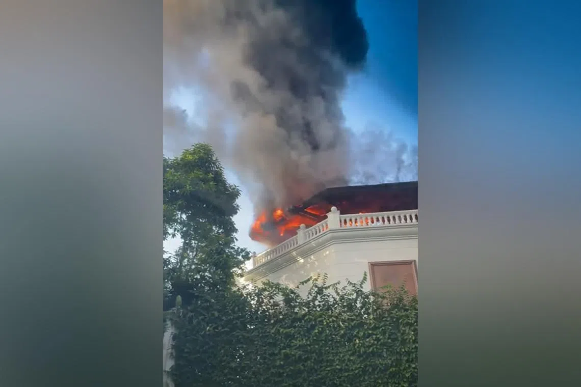 The fire involved contents of a wooden sauna room on the second floor of the building.