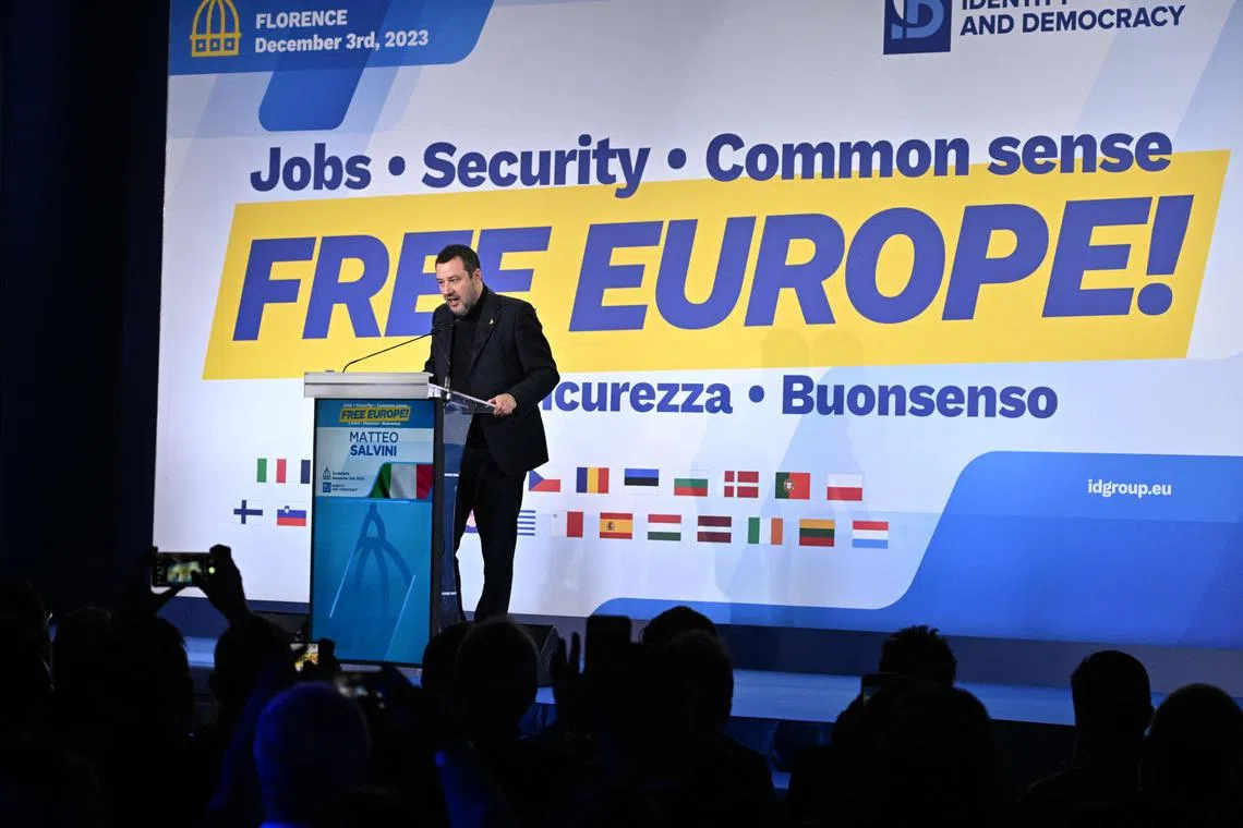 Italian Deputy Prime Minister Matteo Salvini delivers a speech during a meeting of the European Parliament leaders of the Identity and Democracy group, on Dec 3, 2023.