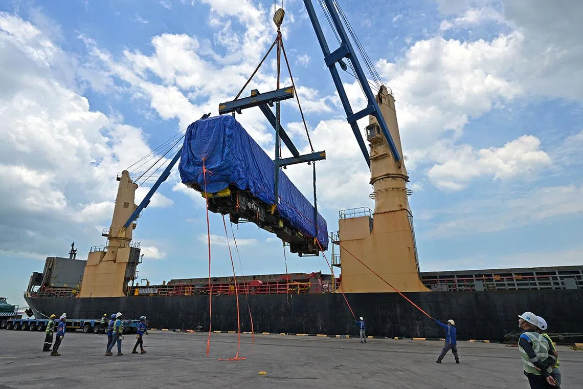 #ST20250403_202551000765/Desmond Foo/ Captions to come. Arrival of Johor Bahru-Singapore Rapid Transit System (RTS) Link trains at Jurong Port in Singapore. pixrts00 ST20250403_202551000765