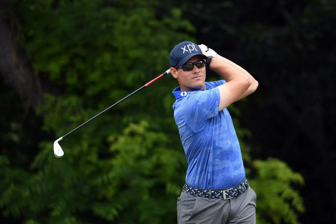 Joint-leader Adam Schenk of the United States hitting his first shot on the 6th hole during the third round of the Charles Schwab Challenge at Colonial Country Club on Saturday in Fort Worth, Texas.
