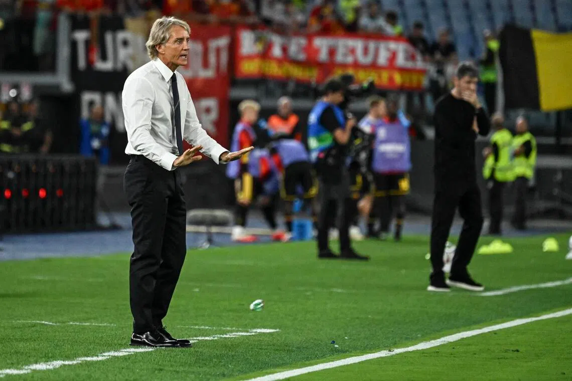 Italy’s coach Roberto Mancini reacting during the 2-0 Nations League loss to Belgium at the Stadio Olimpico in Rome on Sept 25.