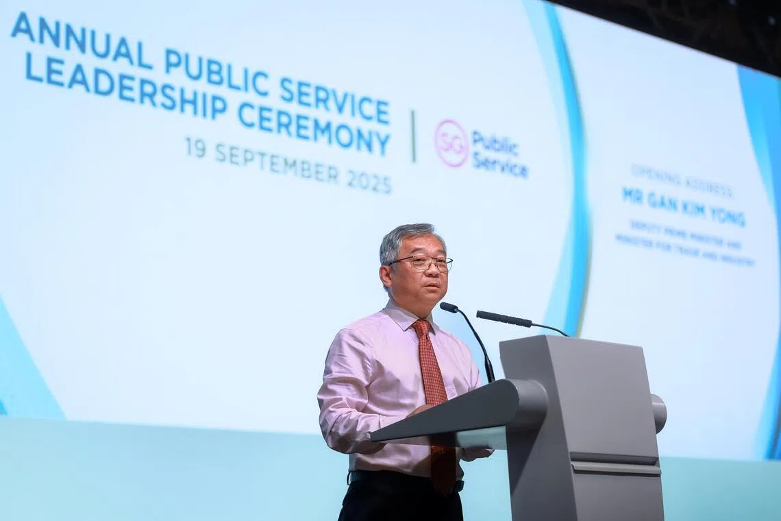 Deputy Prime Minister and Minister for Trade and Industry Mr Gan Kim Yong speaking at the Annual Public Service Leadership Ceremony held at the Sands Convention and Exhibition Centre on Sep 19, 2025.