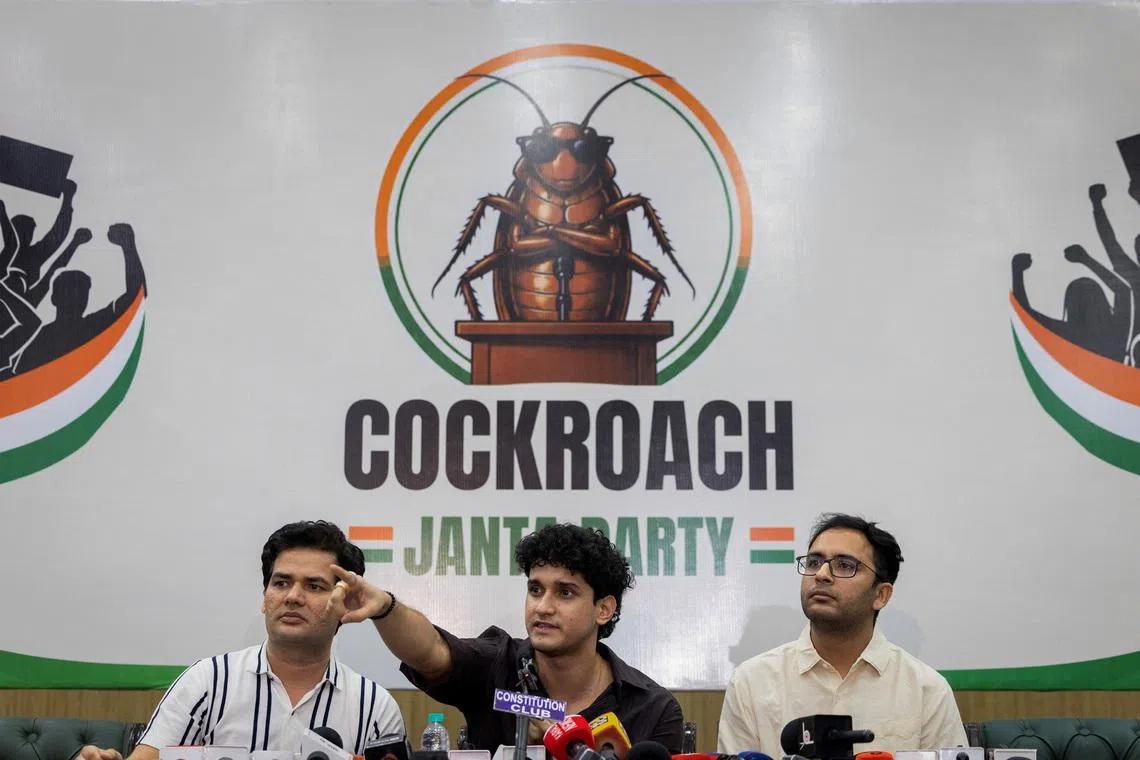 (From left) Cockroach Janta Party (CJP) spokespeople Vijeta Dahiya, Saurav Das and Ashutosh Ranka attend a news conference in New Delhi on June 3.