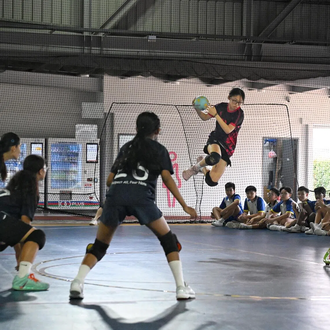 The SOTA, Singapore team (in black and red) playing against Bendemeer Secondary School at the 4th ActiveSG-TBAS Inter-Schools C Division Tchoukball Championships on Aug 27.
