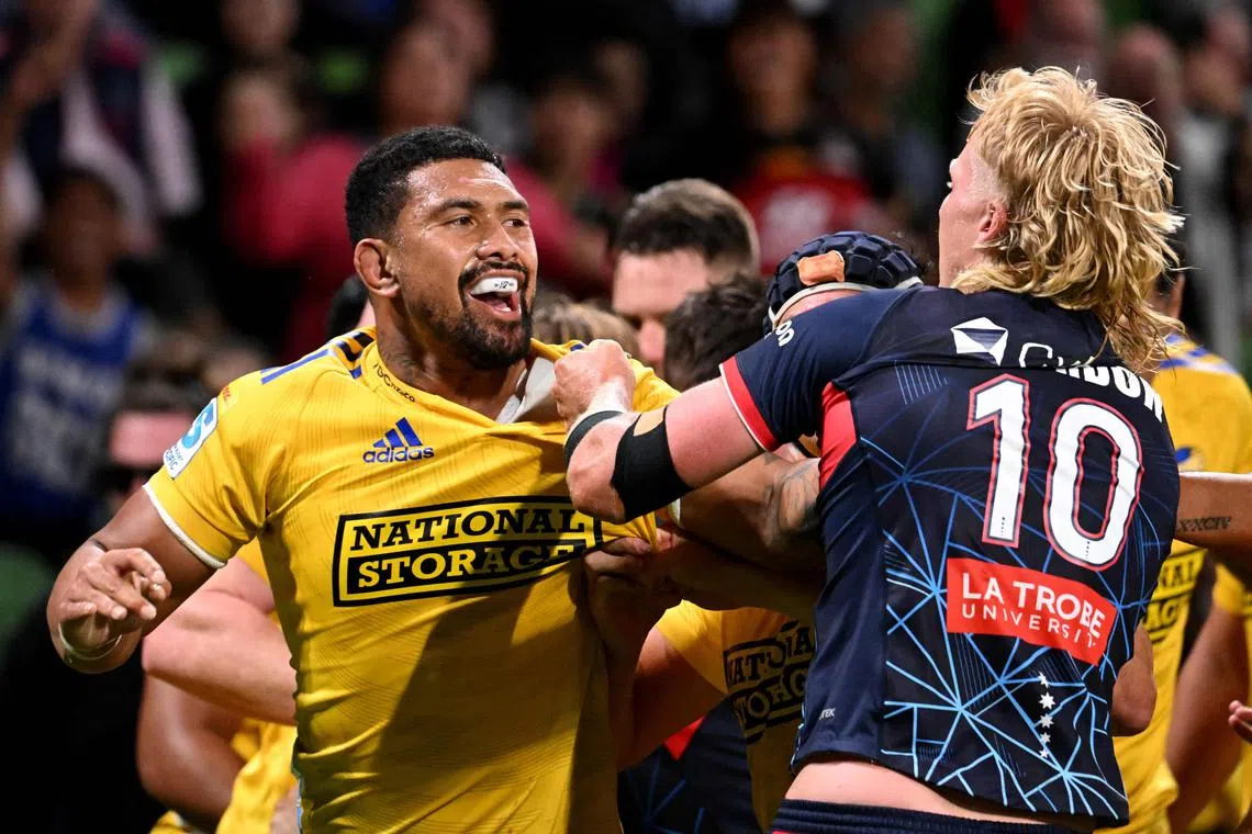 Hurricanes captain Ardie Savea (left) has been suspended for a week for a throat-slitting gesture during the match against Melbourne Rebels.