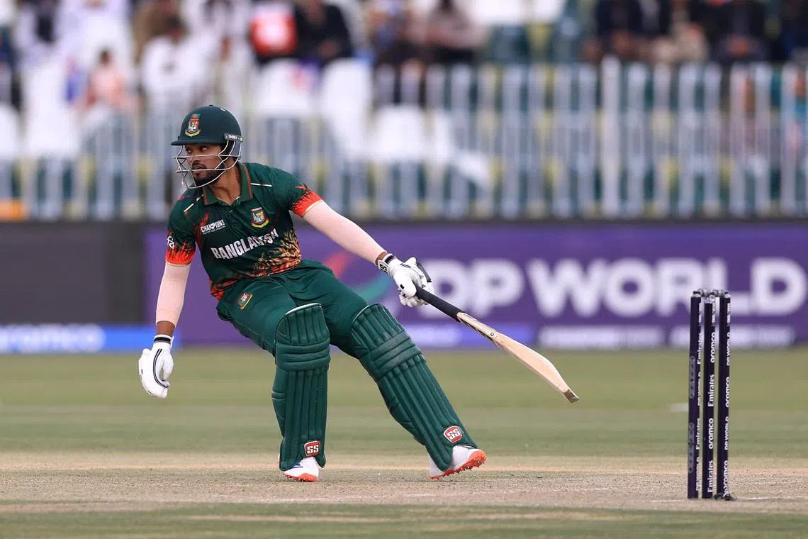 Cricket - ICC Men's Champions Trophy - Group A - New Zealand v Bangladesh - Rawalpindi Cricket Stadium, Rawalpindi, Pakistan - February 24, 2025 Bangladesh's Najmul Hossain Shanto in action REUTERS/Akhtar Soomro
