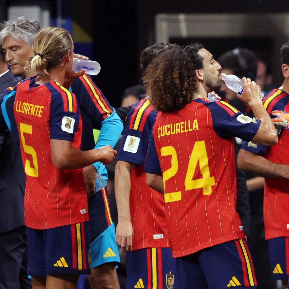 Spain's players such as (from left) Marcos Llorente, Marc Cucurella and Ferran Torres during the first-half hydration break in their opening 0-0 draw with Cape Verde at the World Cup on June 15. 