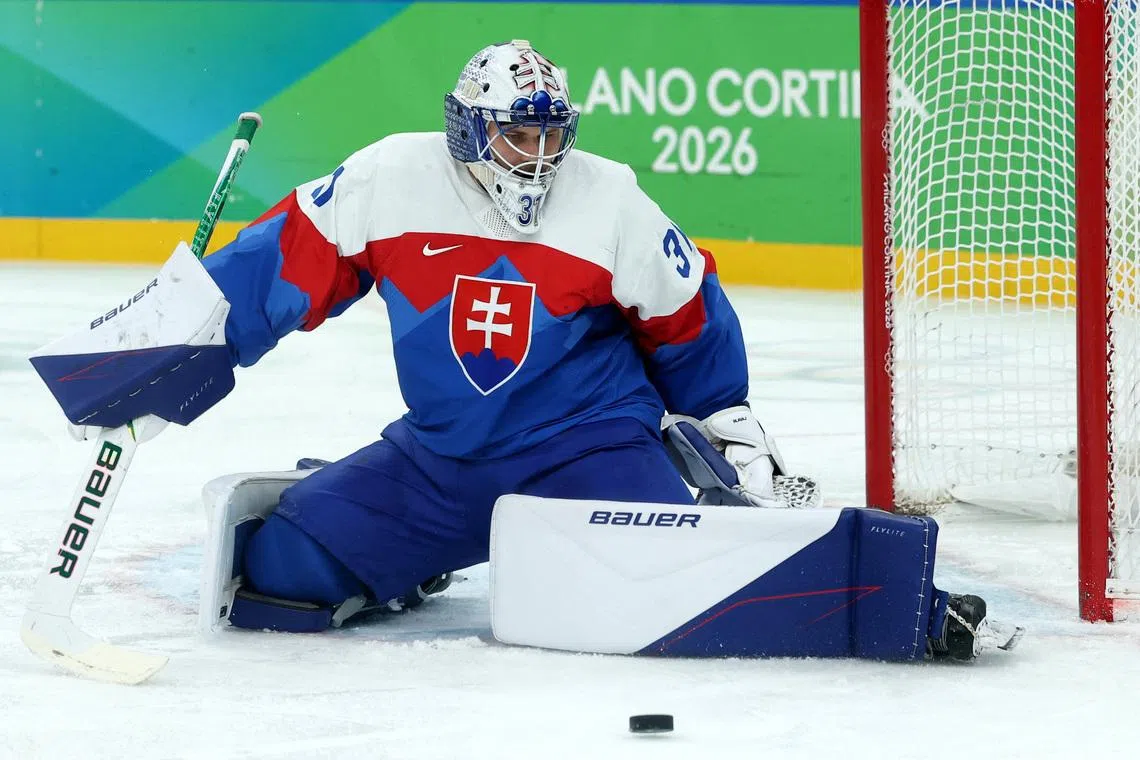 Milano Cortina 2026 Olympics - Ice Hockey - Men's Play-offs Semifinals - United States vs Slovakia - Milano Santagiulia Ice Hockey Arena, Milan, Italy - February 20, 2026. Samuel Hlavaj of Slovakia in action REUTERS/Mike Segar