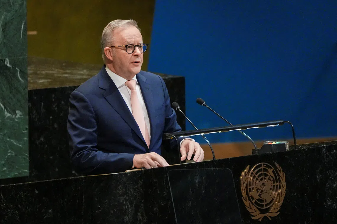 Australian Prime Minister Anthony Albanese addresses delegates during a high-level meeting of heads of state on a two-state solution between Israel and the Palestinians at United Nations headquarters in New York City, U.S., September 22, 2025. REUTERS/Eduardo Munoz/File Photo