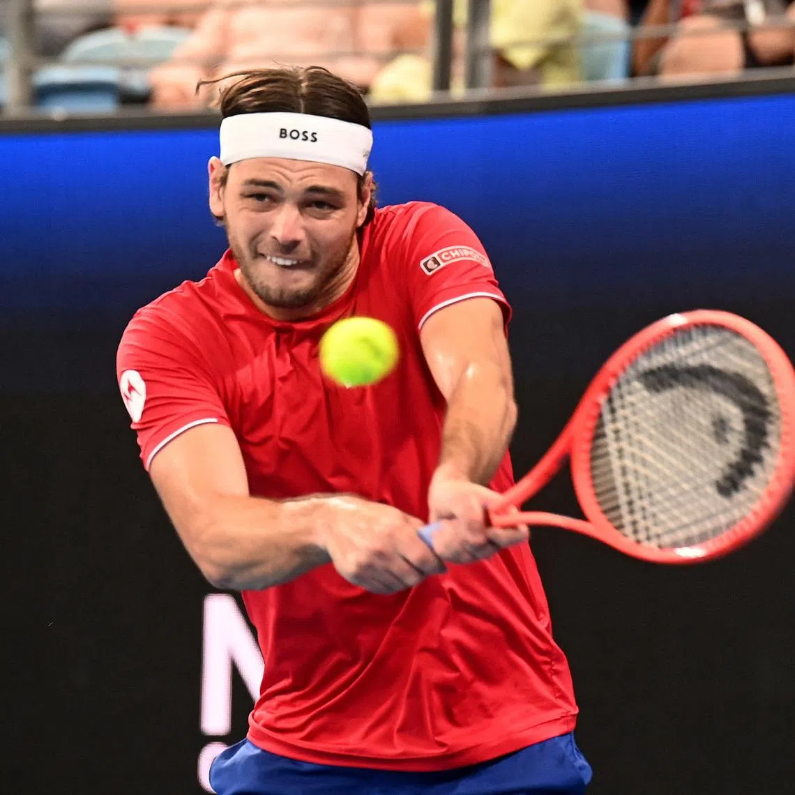 FILE PHOTO: Tennis - United Cup - Singles Semifinals - Poland v United States - Ken Rosewall Arena, Sydney, Australia - January 10, 2026 Taylor Fritz of the U.S. in action during his singles match against Poland's Hubert Hurkacz REUTERS/Jeremy Piper/File Photo