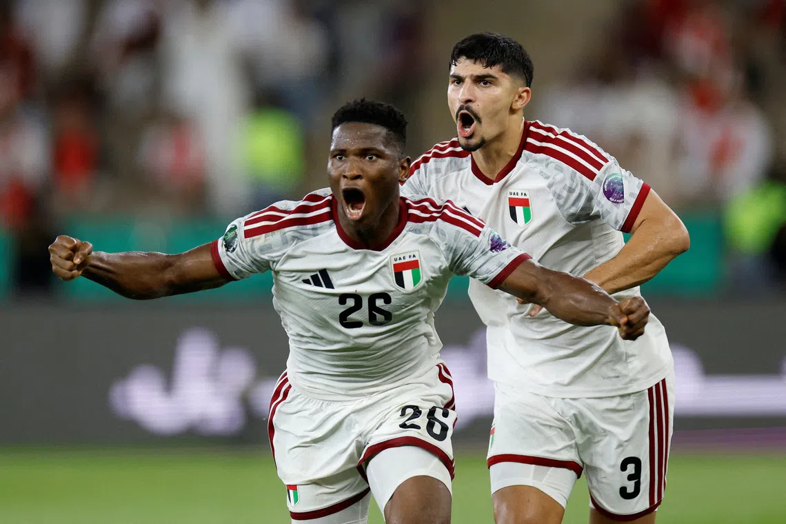 Soccer Football - Gulf Cup - Semi Final - United Arab Emirates v Oman - Prince Abdullah Al Faisal Stadium, Jeddah, Saudi Arabia - October 3, 2026 United Arab Emirates' Oumar Camara celebrates scoring their first goal REUTERS/Ibraheem Abu Mustafa