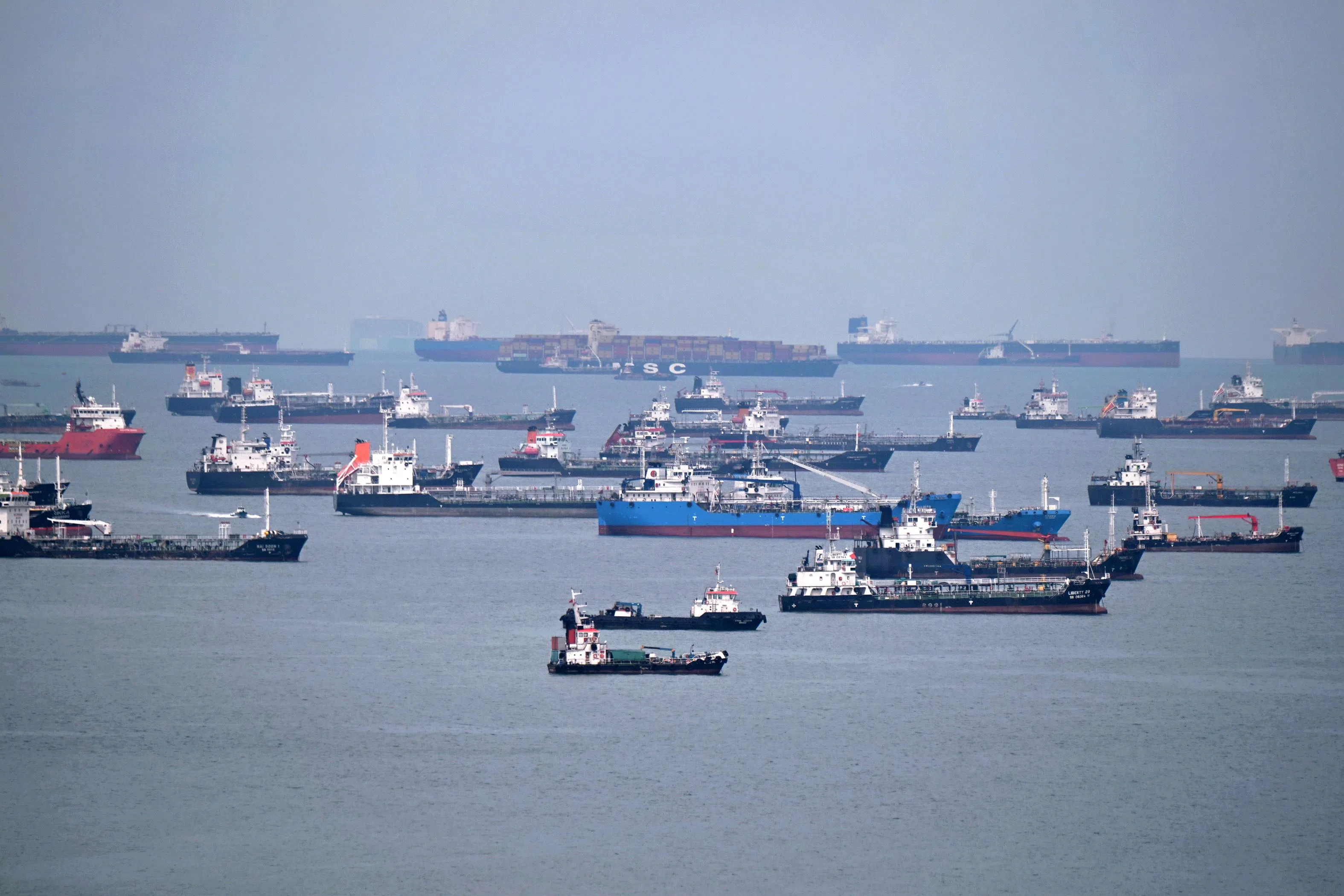 Image 5: Ships anchored in the waters of the Singapore Strait in Sourthern Singapore on April 27.