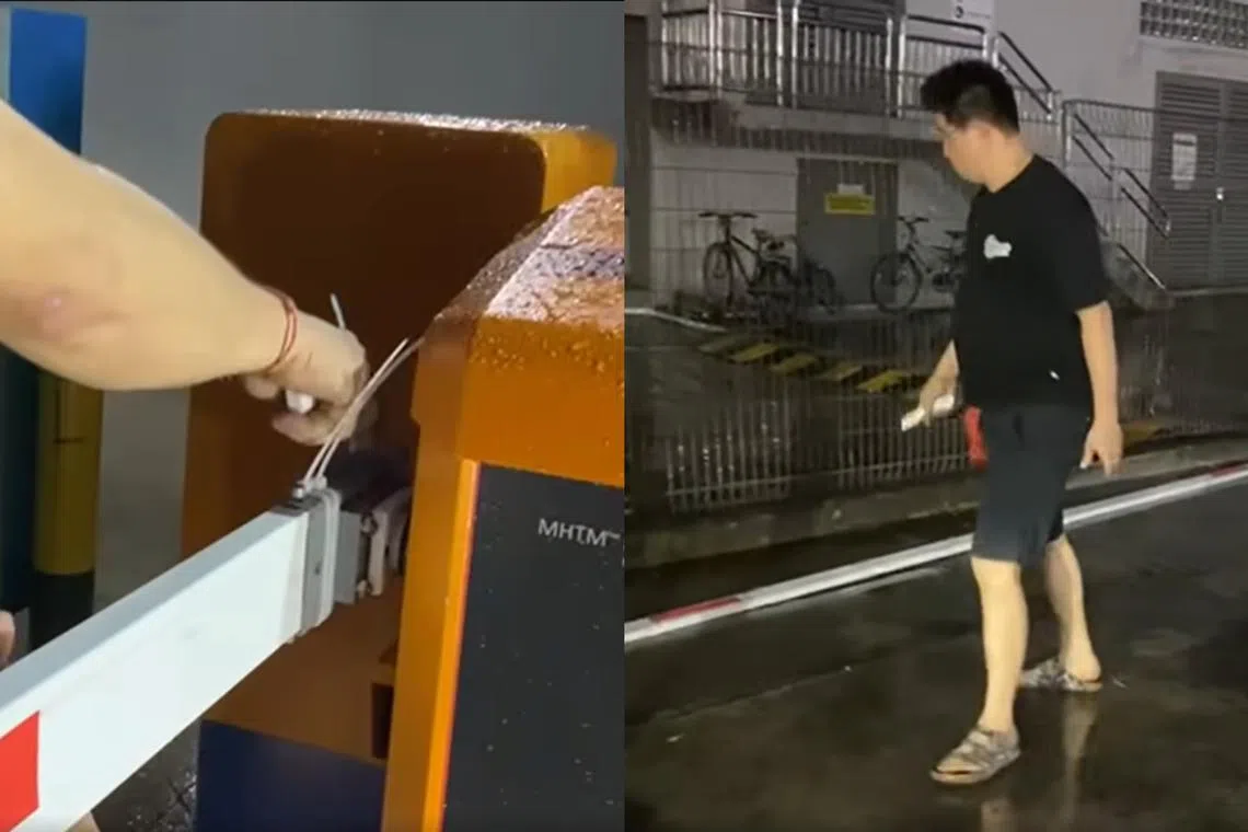 In one video posted to the man's Facebook account, a carpark barrier arm was removed and cast aside. 