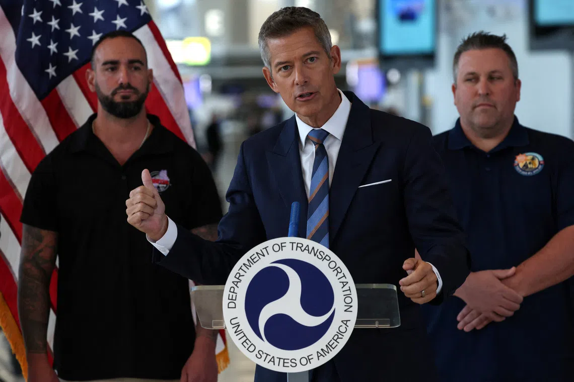 U.S. Transportation Secretary Sean Duffy holds a press conference on the impact of the government shutdown on air travel, at LaGuardia Airport in the Queens borough of New York City, U.S., October 28, 2025. REUTERS/Shannon Stapleton