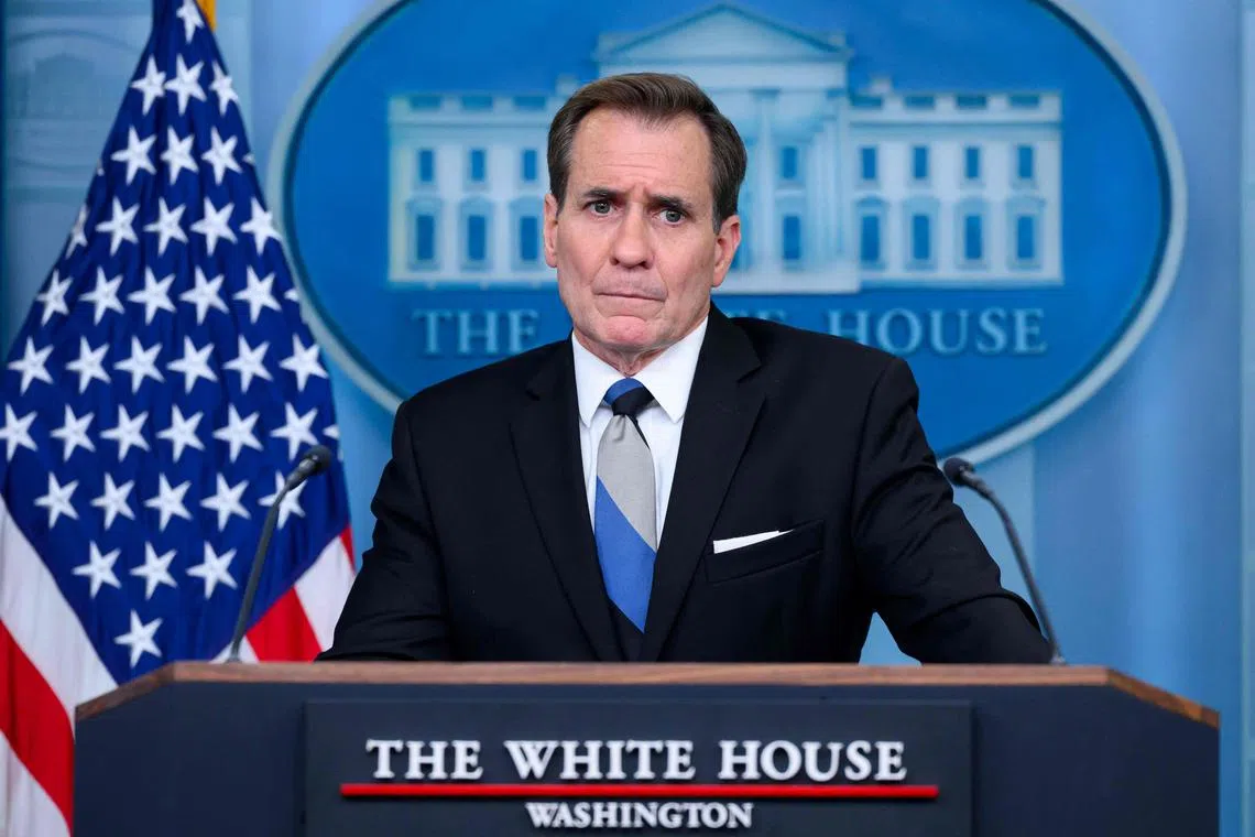 National security communications adviser John Kirby taking questions, during a daily briefing at the White House in Washington.