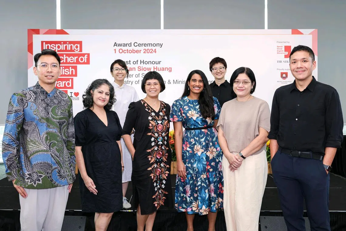 ST20241001_202466000183/cwitea01/Brian Teo/Charlote Wong WX/(From Left) Profile of Mr Mohamed Firdaus Mohamed Sukor, 42, Tanjong Katong Girls? School Teacher, Ms Tina Kishore Sajani, 46, Evergreen Secondary School Teacher, Ms Yeo Xin Yi, 33, NorthLight School Teacher, Ms Lim Peng Peng, 45, NorthLight School Teacher, Ms Sarah Christian, 31, Victoria Junior College Teacher, Ms Goh Li-Ern Faith, 47, River Valley High School Teacher, Ms Wang Pei Hua Lydia, 53, St. Andrew?s Mission School Teacher, and Mr Peter Chutatape, 41, Bukit Panjang Primary School Teacher at the National Library on October 1, 2024. ST PHOTO: BRIAN TEO.