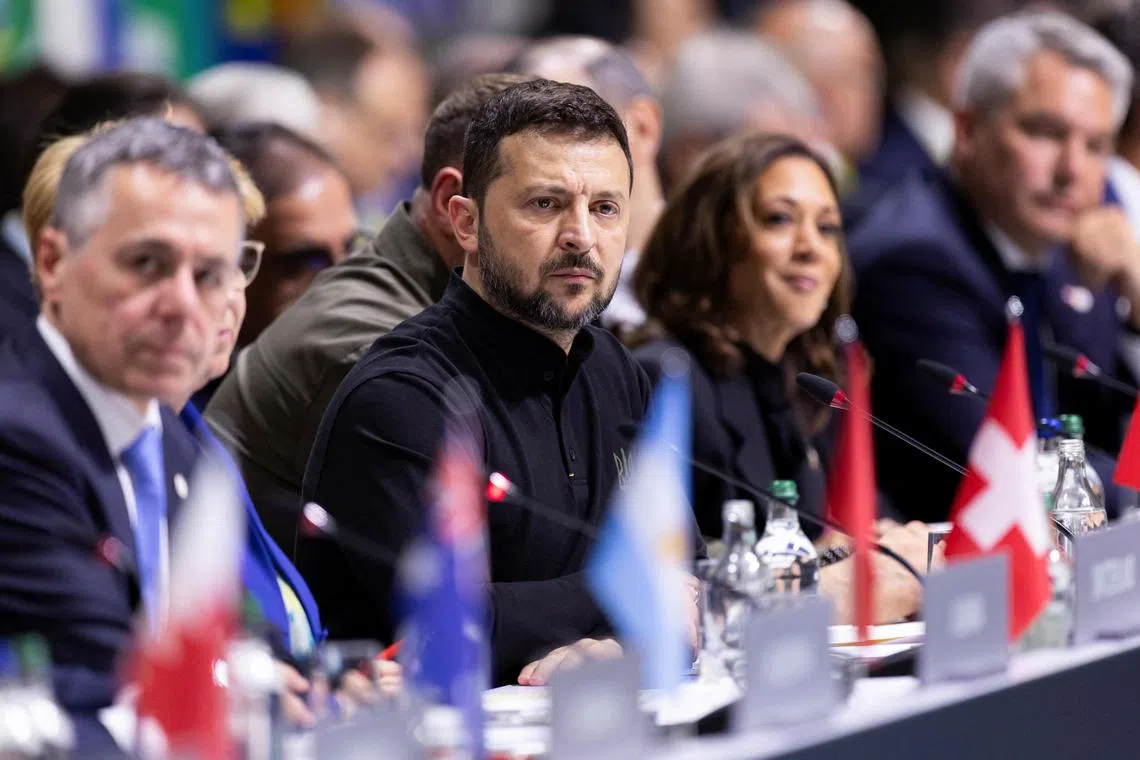 Ukrainian President Volodymyr Zelensky (centre) hopes the peace summit in Switzerland will lay the groundwork for a “just” and “lasting” settlement with invading neighbour Russia.