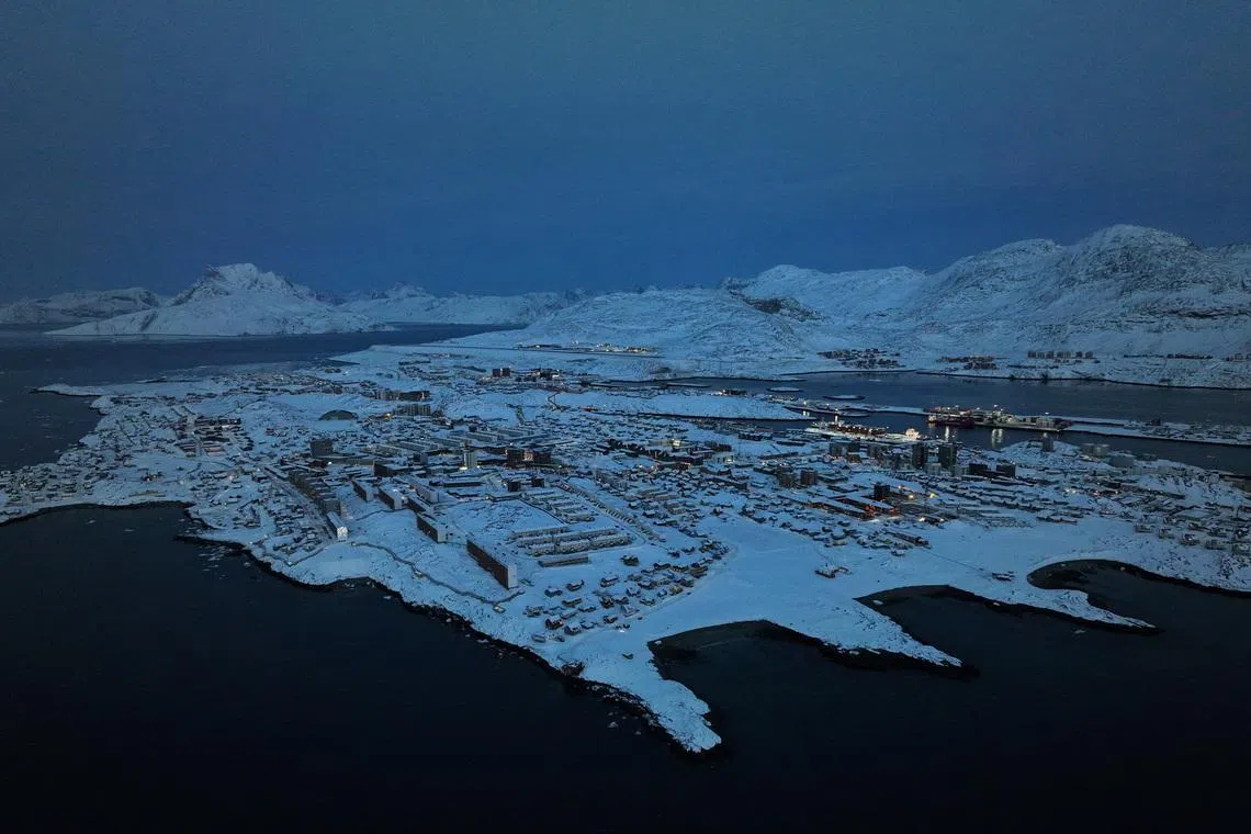 A drone view of Nuuk, Greenland, February 7, 2026. REUTERS/Stoyan Nenov