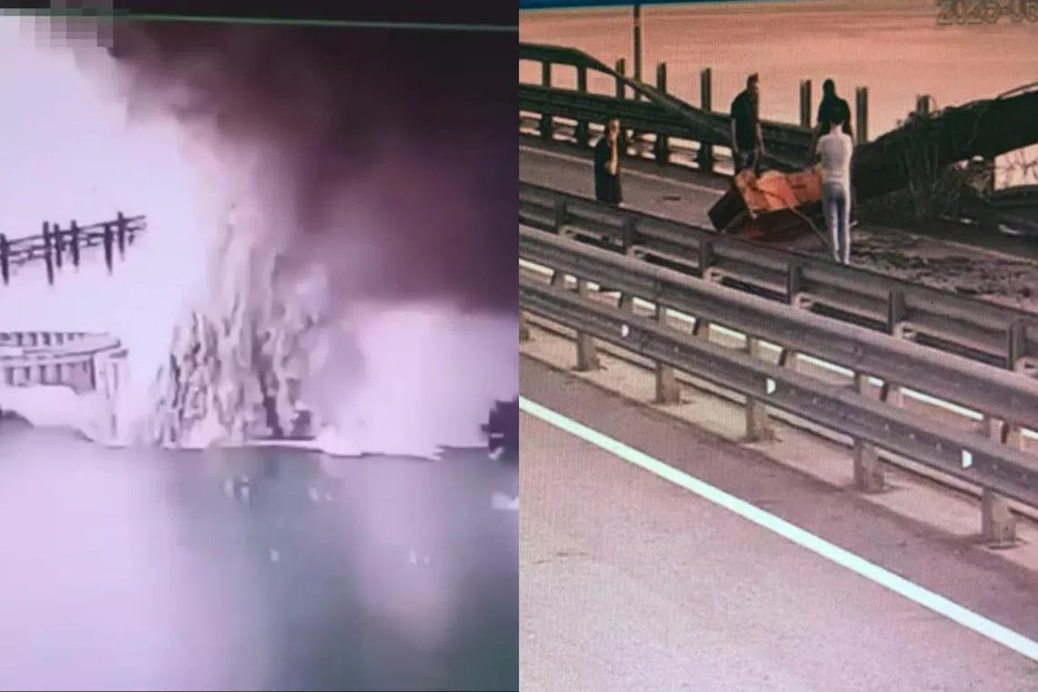 Ukraine's SBU security service shared video footage that showed an explosion next to one of the many support pillars of the Crimean Bridge.