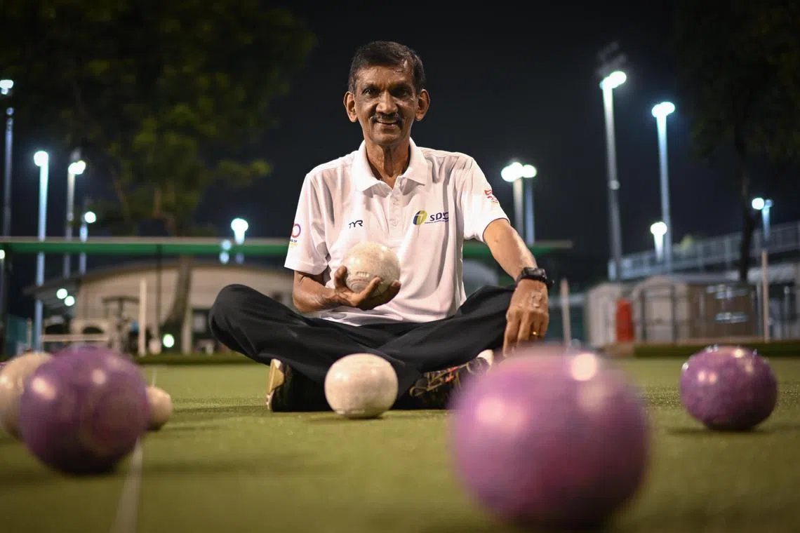 76-year-old lawn bowler Mahendran Pasupathy at the Kallang ActiveSG Lawn Bowl on Sep 13, 2023. Mr Mahendran is making his debut at the Hangzhou 2022 Asian Para Games in October.