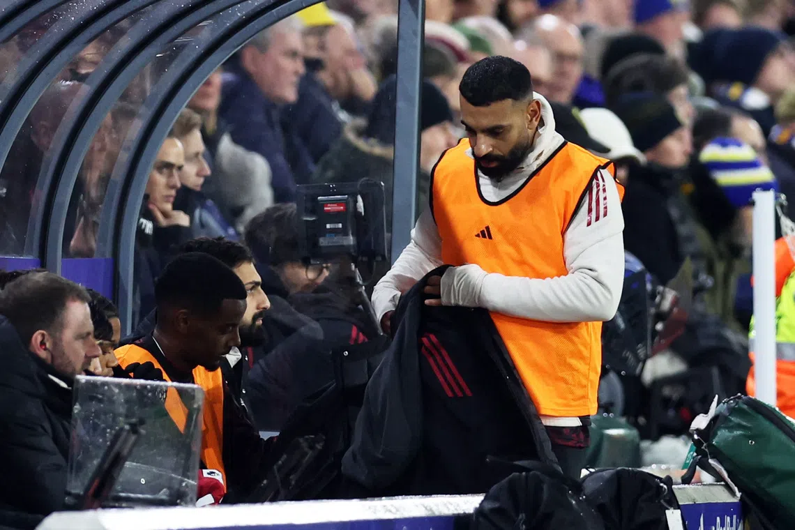 Soccer Football - Premier League - Leeds United v Liverpool - Elland Road, Leeds, Britain - December 6, 2025 Liverpool's Mohamed Salah on the bench REUTERS/Chris Radburn