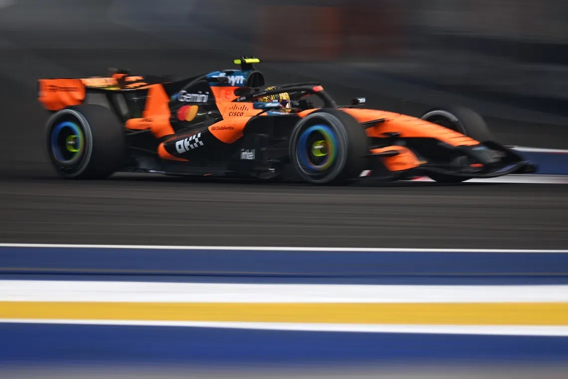 No. 1 McLaren Mastercard F1 Team, British driver, Lando Norris in action during the first practice session at the F1 Marina Bay Street Circuit on Oct 9, 2026.