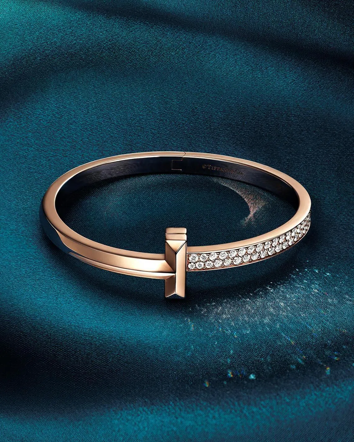 Tiffany T T1 wide diamond hinged bangle in rose gold.