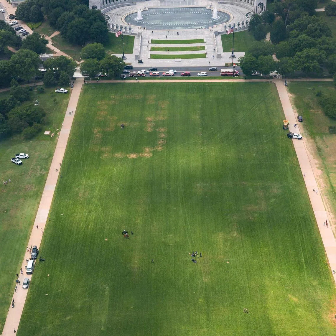The numbers “8647” are shown in the grass on the National Mall on June 11, in Washington, DC. 