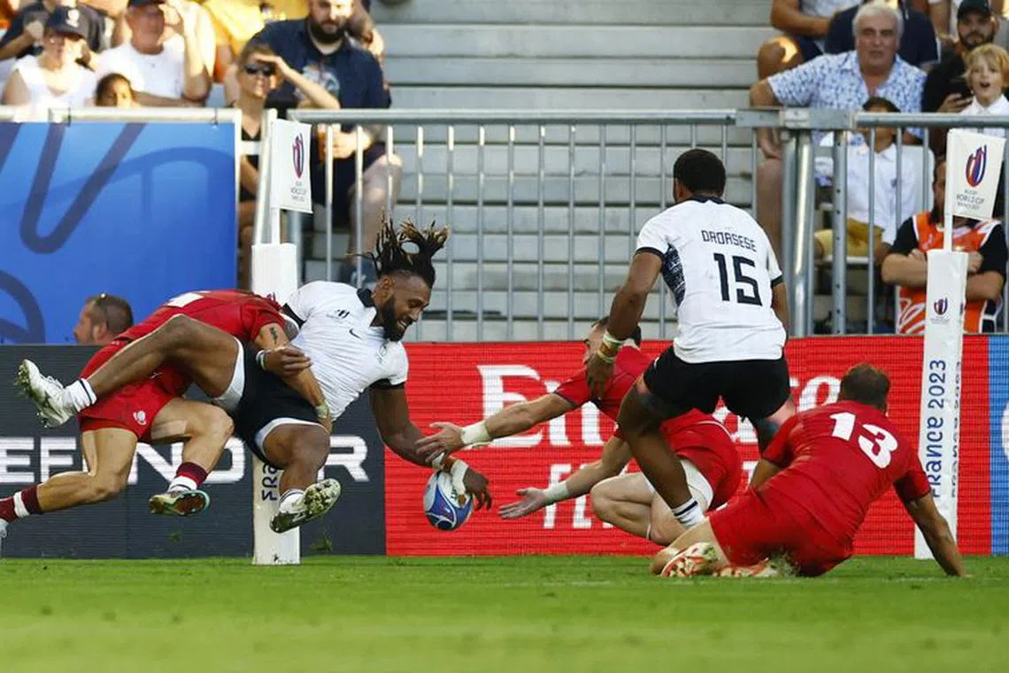 Rugby Union - Rugby World Cup 2023 - Pool D - Fiji v Georgia - Matmut Atlantique, Bordeaux, France - September 30, 2023 Fiji's Waisea Nayacalevu scores a try REUTERS/Sarah Meyssonnier