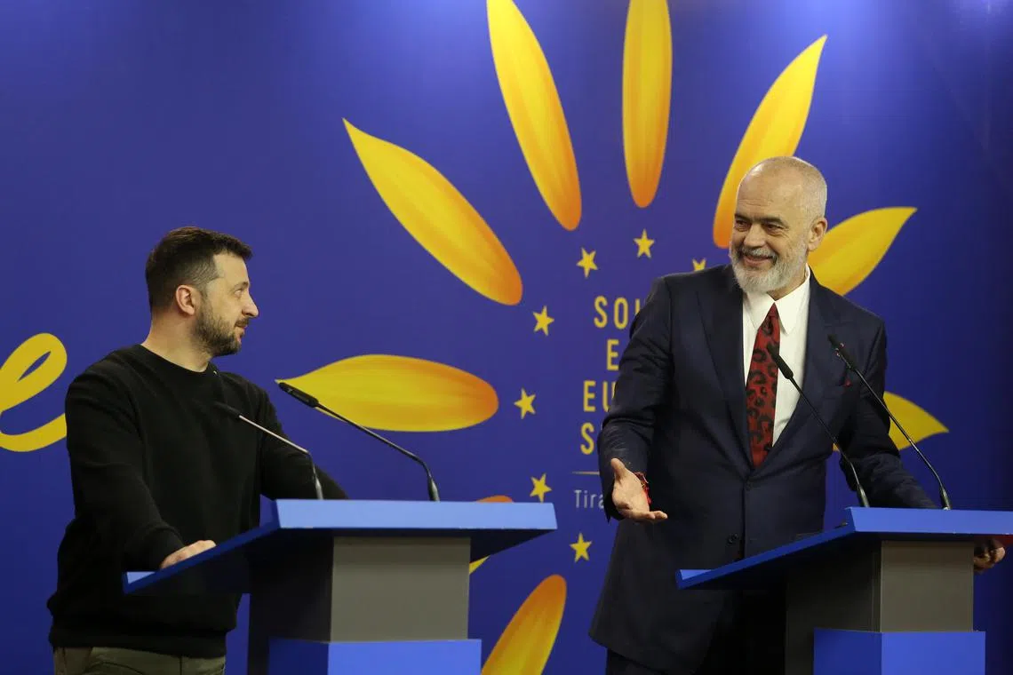 Ukrainian President Volodymyr Zelensky (left) and Albanian Prime Minister Edi Rama deliver a press conference in Tirana, Albania.
