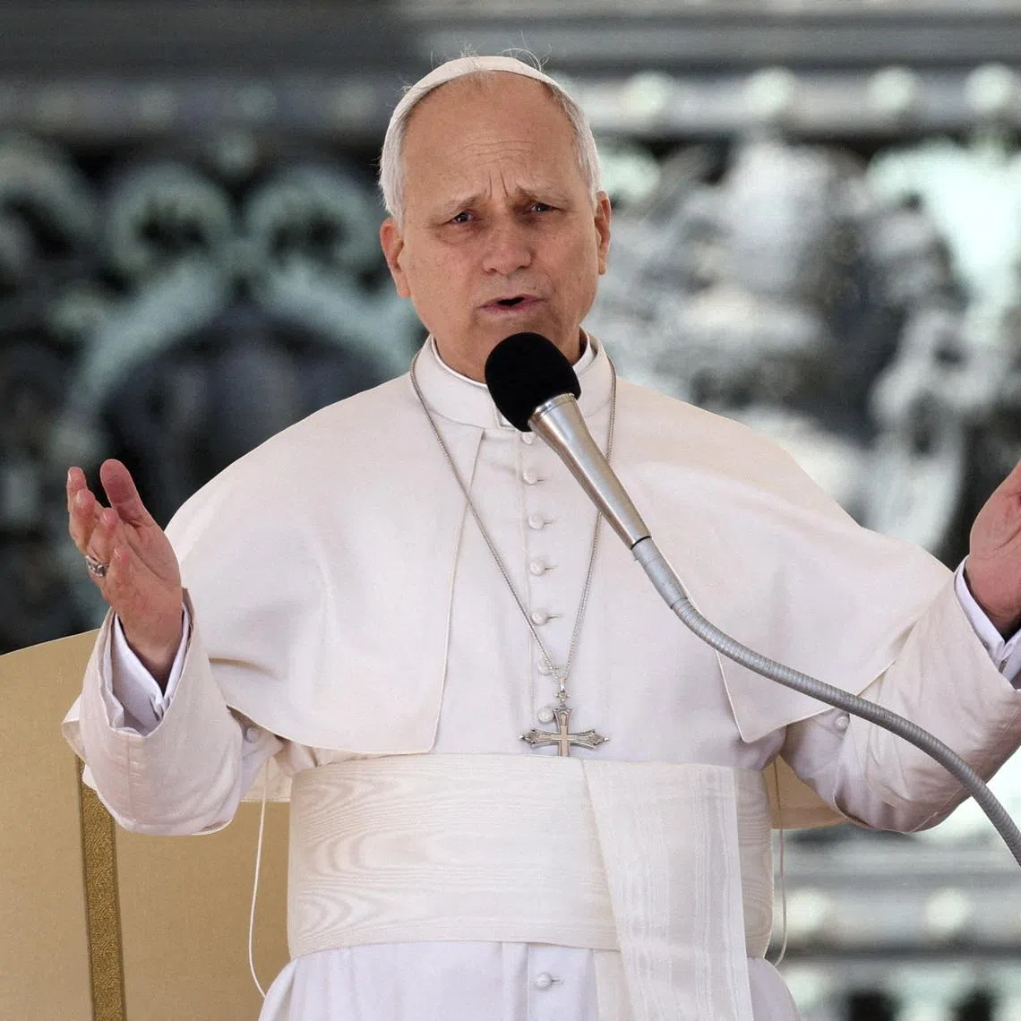 FILE PHOTO: Pope Leo XIV holds the weekly general audience in Saint Peter's Square at the Vatican, March 18, 2026. REUTERS/Guglielmo Mangiapane/File Photo