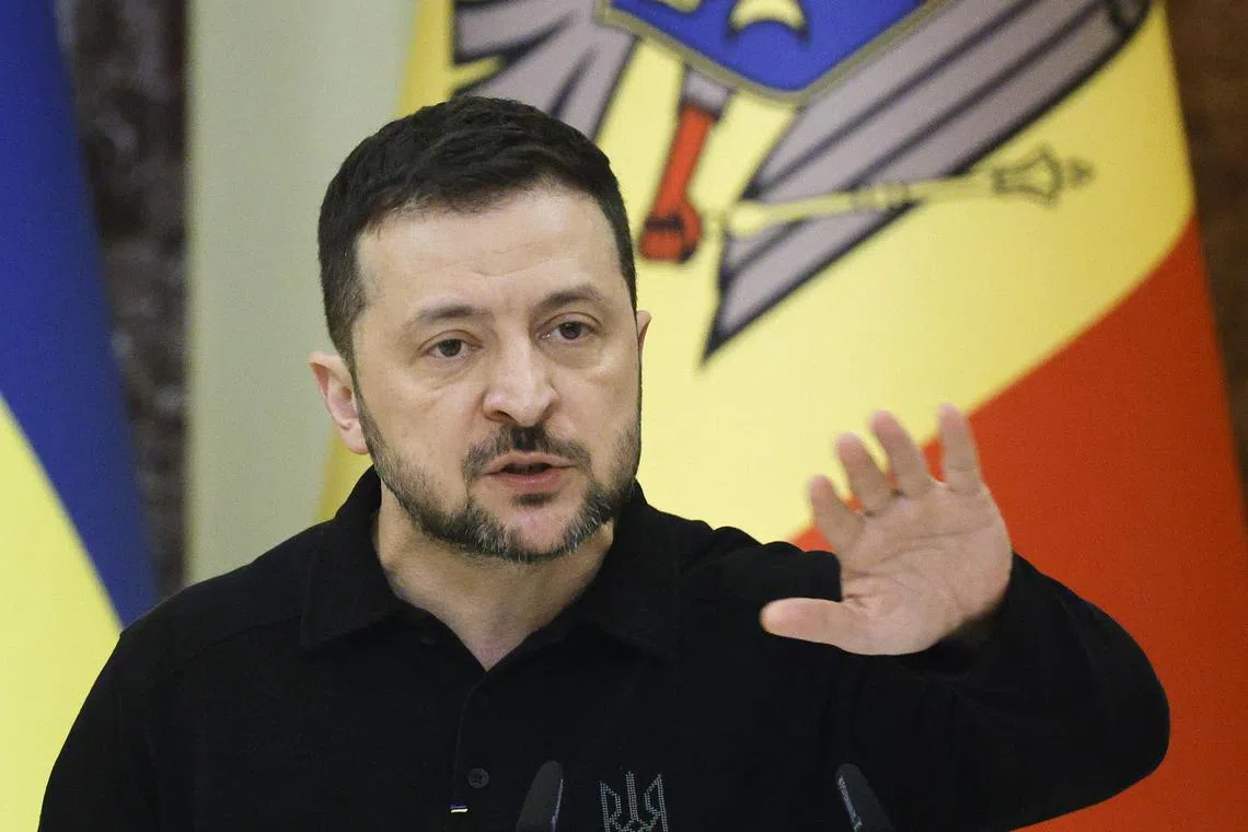 Ukrainian President Volodymyr Zelensky speaking during a press conference with his Moldovan counterpart, Ms Maia Sandu, in Kyiv, on Jan 25.