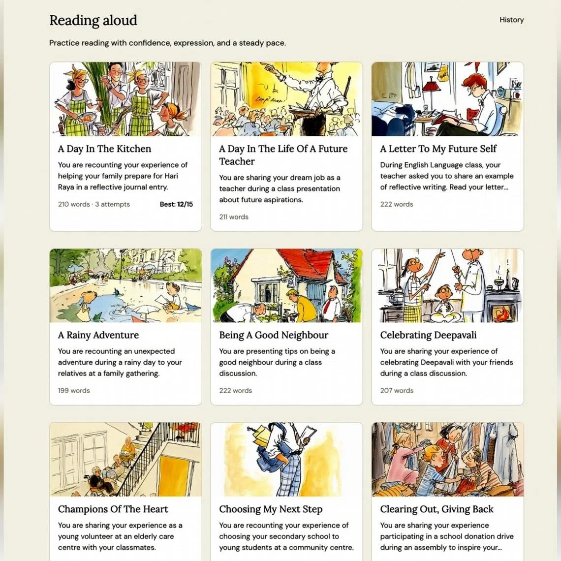 A screenshot of cher.ai oral reading page. The AI platform comprises a bank of 60 conversation topics with varying levels of difficulty.